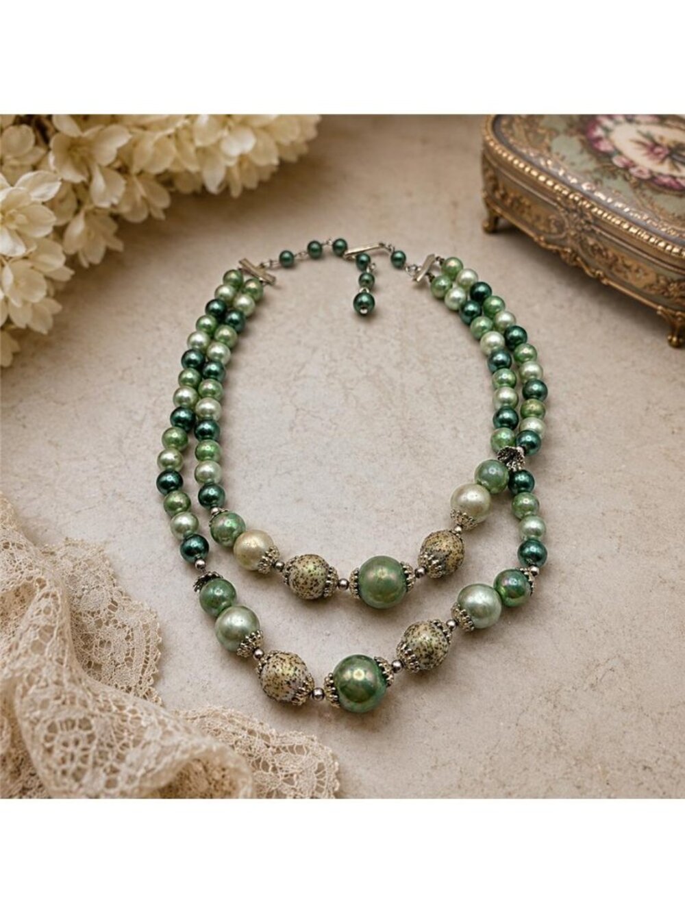Signed Japan Double Strand Green Faux Pearl Necklace UV Reactive 16 In Vintage